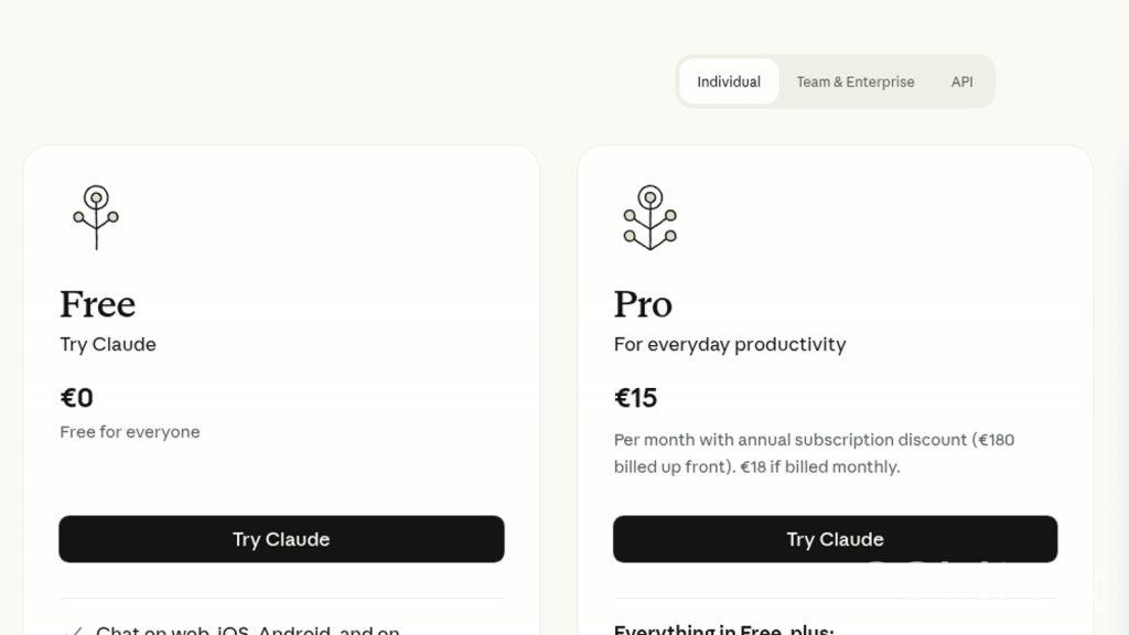 Anthropics prisside med Free til 0 euro og Pro til 15 euro om måneden