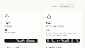 Anthropics prisside med Free til 0 euro og Pro til 15 euro om måneden